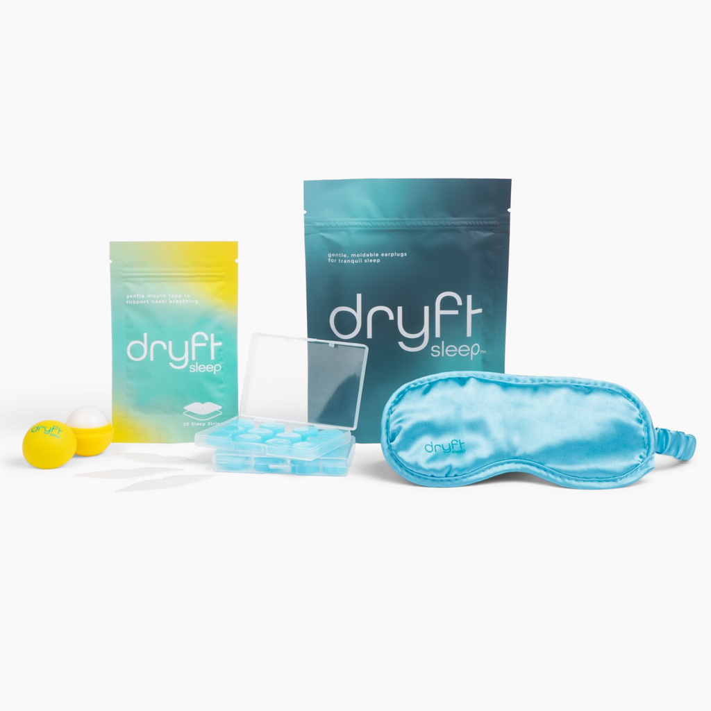 Dryft Sleep Mouth Tape and Earplugs, plus aromatherapy silken eye mask and lip balm. 